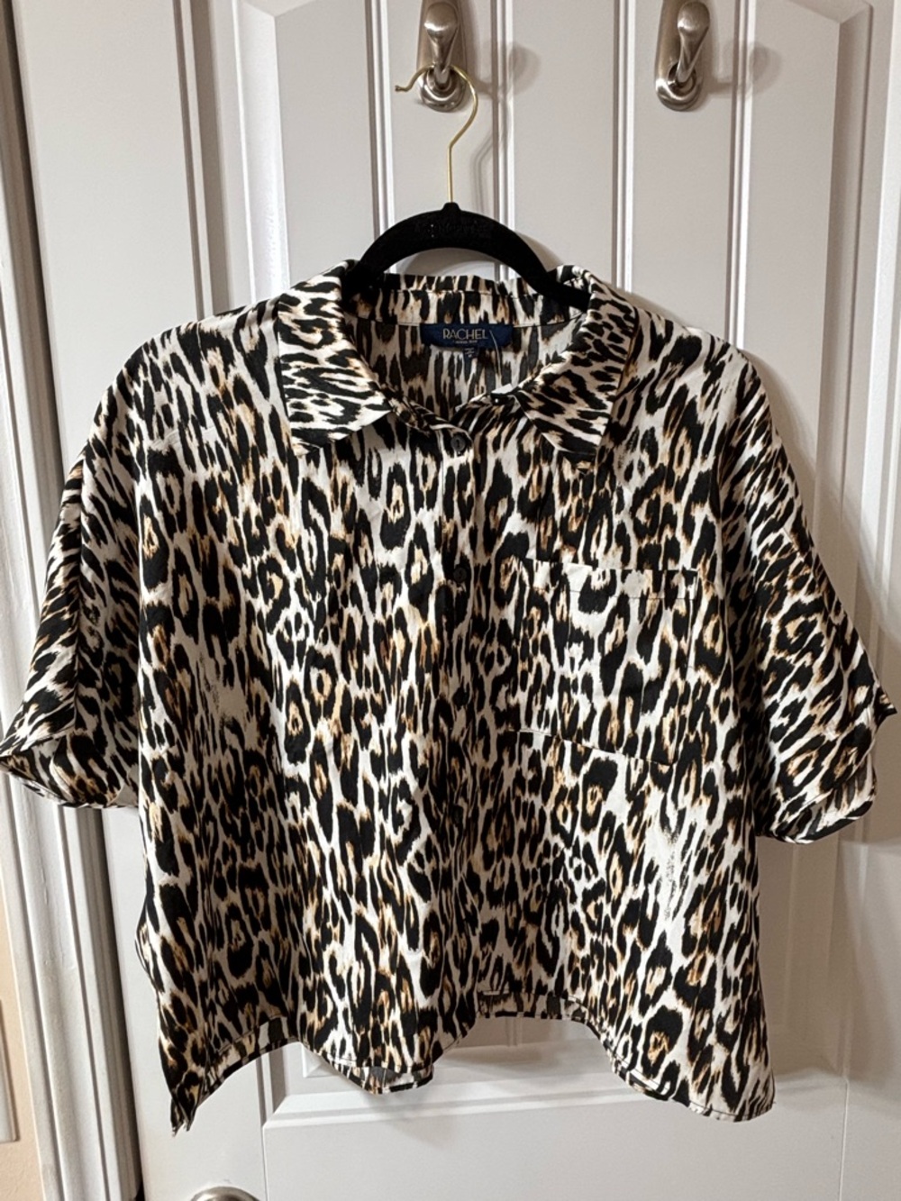 RACHEL Rachel Roy Black, Cream & Brown Leopard Button-Front Top